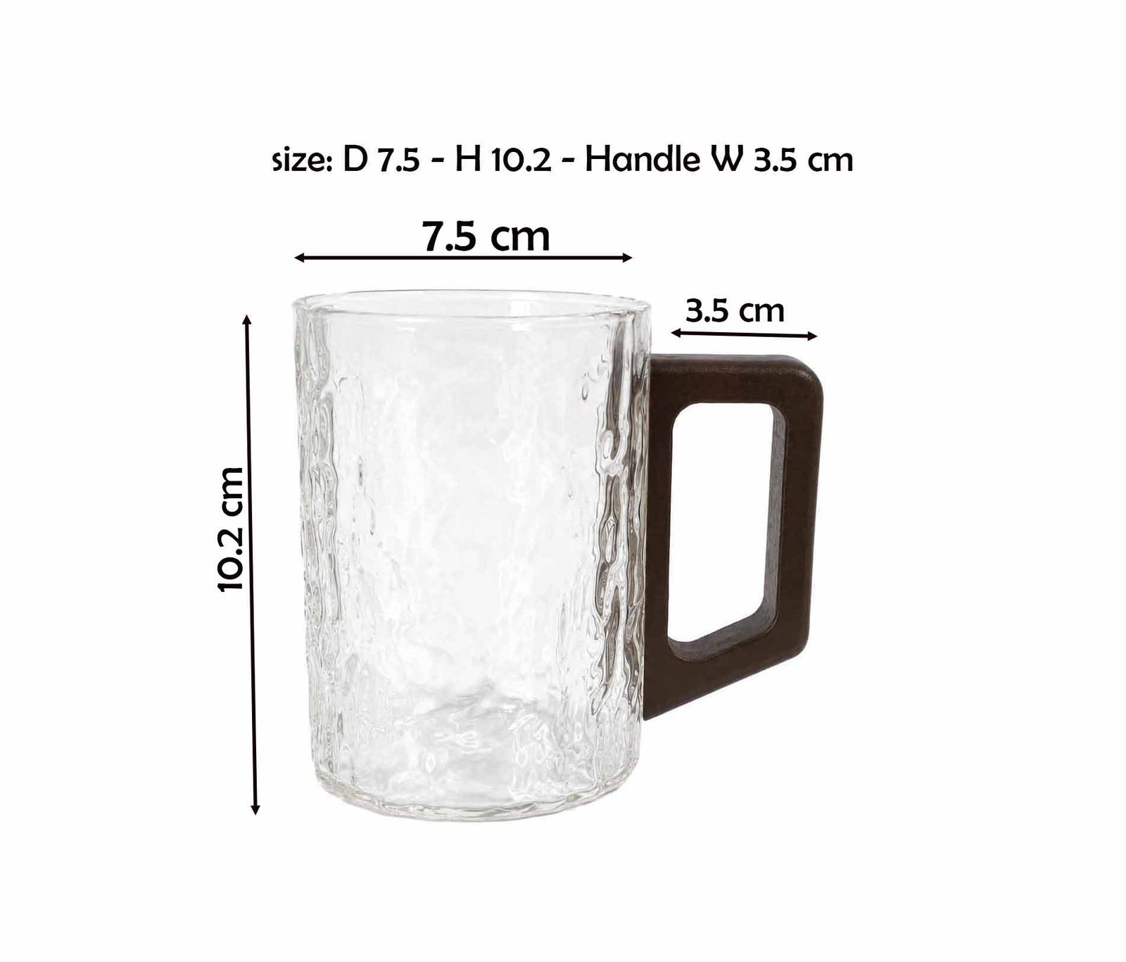 clear glass mug with geometric dark wooden handle