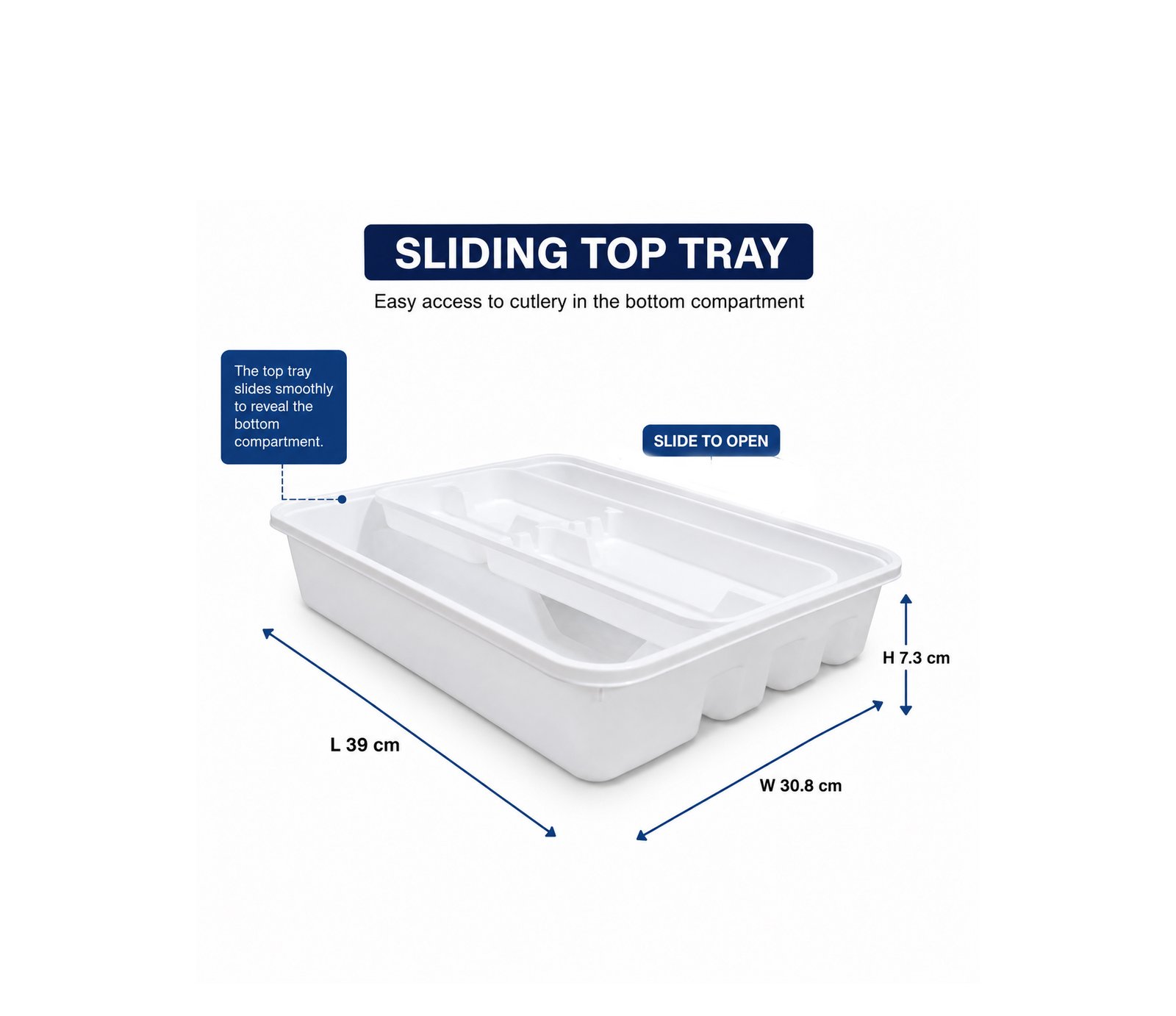 cutlery tray organizer with durable plastic construction for organized kitchen drawer storage.