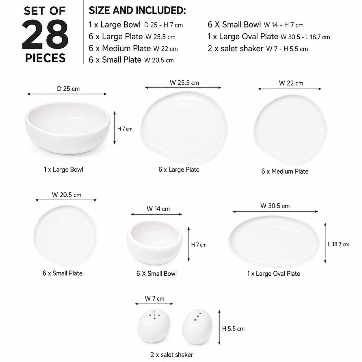 Irregular White Ceramic Dinner Set 28 Pieces