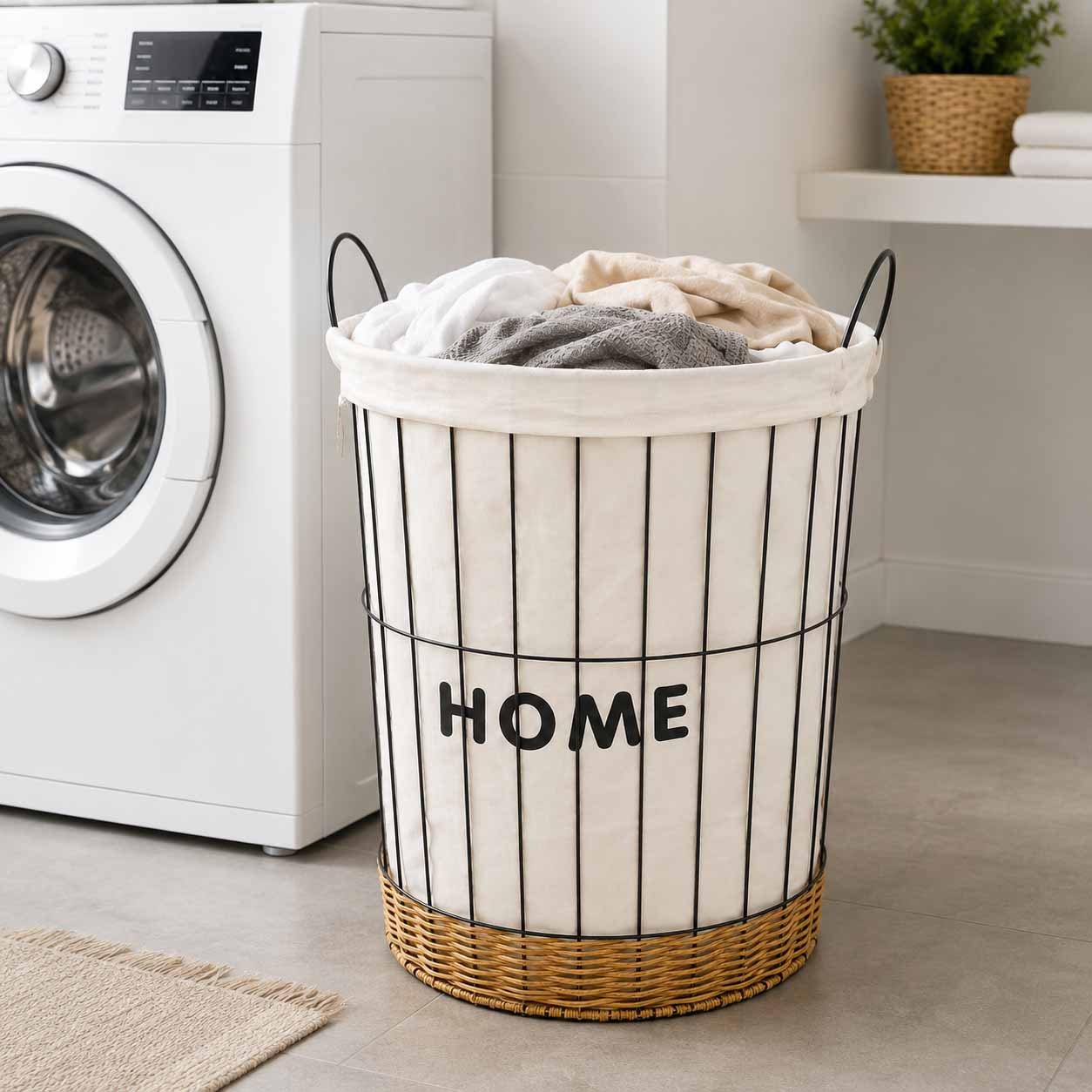 laundry basket with removable white fabric bag and woven base