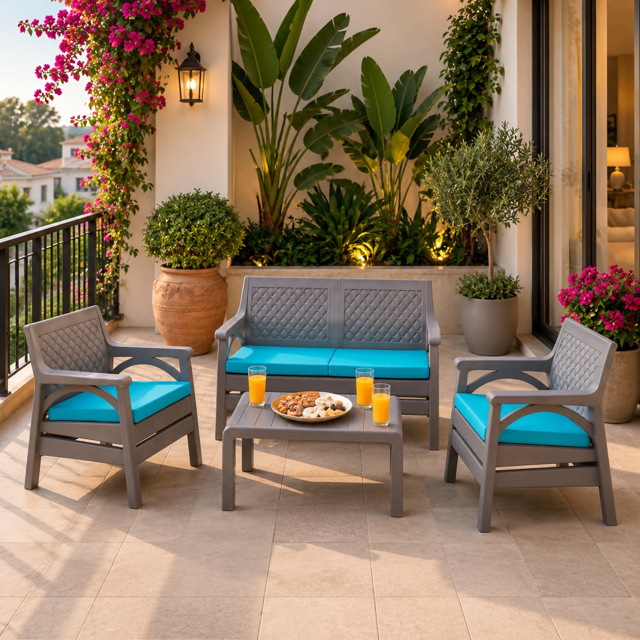 Grey outdoor 4-seater plastic sofa set with blue cushions and matching coffee table for patios, balconies, gardens, and terraces.