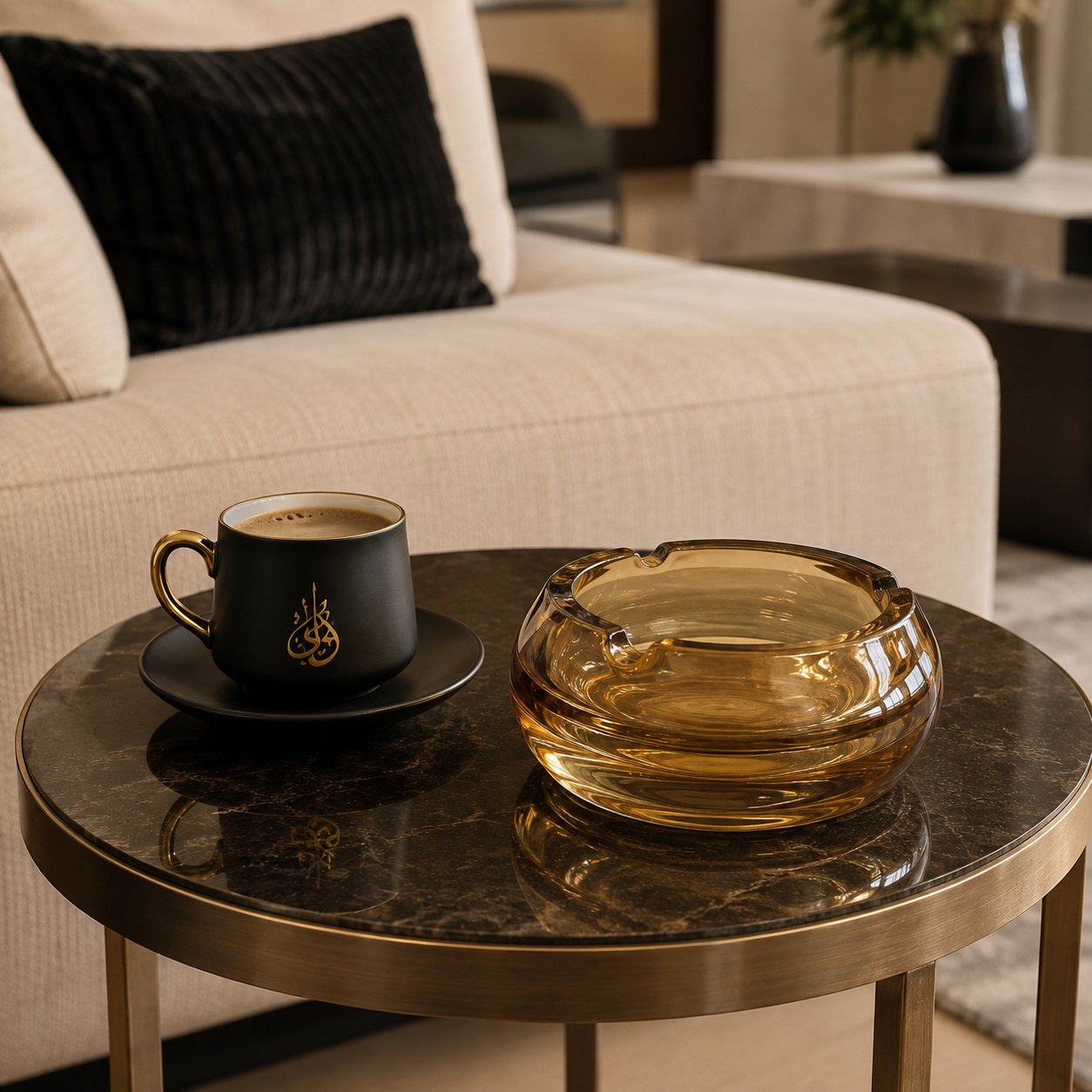 Amber-tinted round glass ashtray with 3 cigarette rests and heavy bottom design