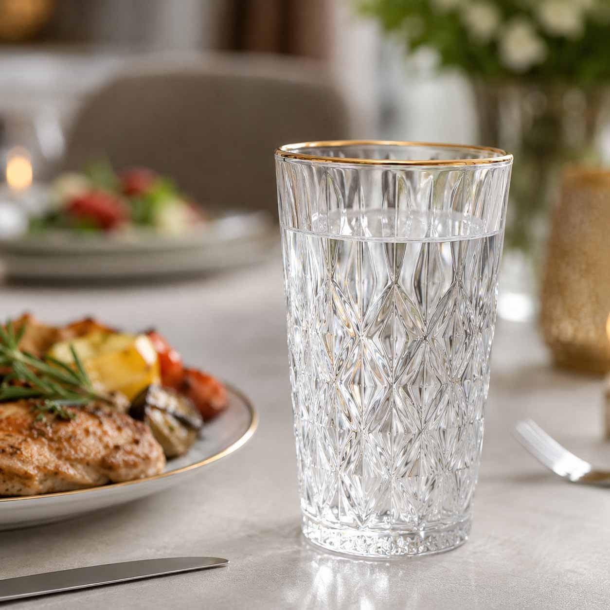 Set of 6 clear 290ml crystal drinking glasses with diamond texture and gold rim