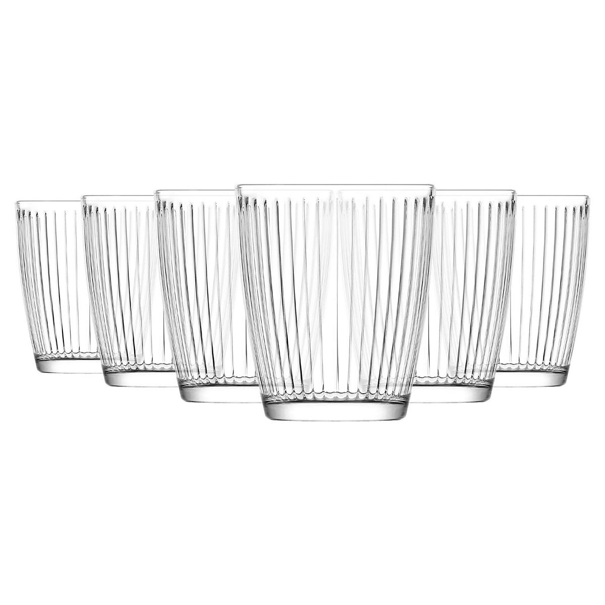 LAV Hestia glass tumblers, set of 6 with 340 ml capacity. Stylish ribbed glasses ideal for water, juice, soft drinks and cocktails.