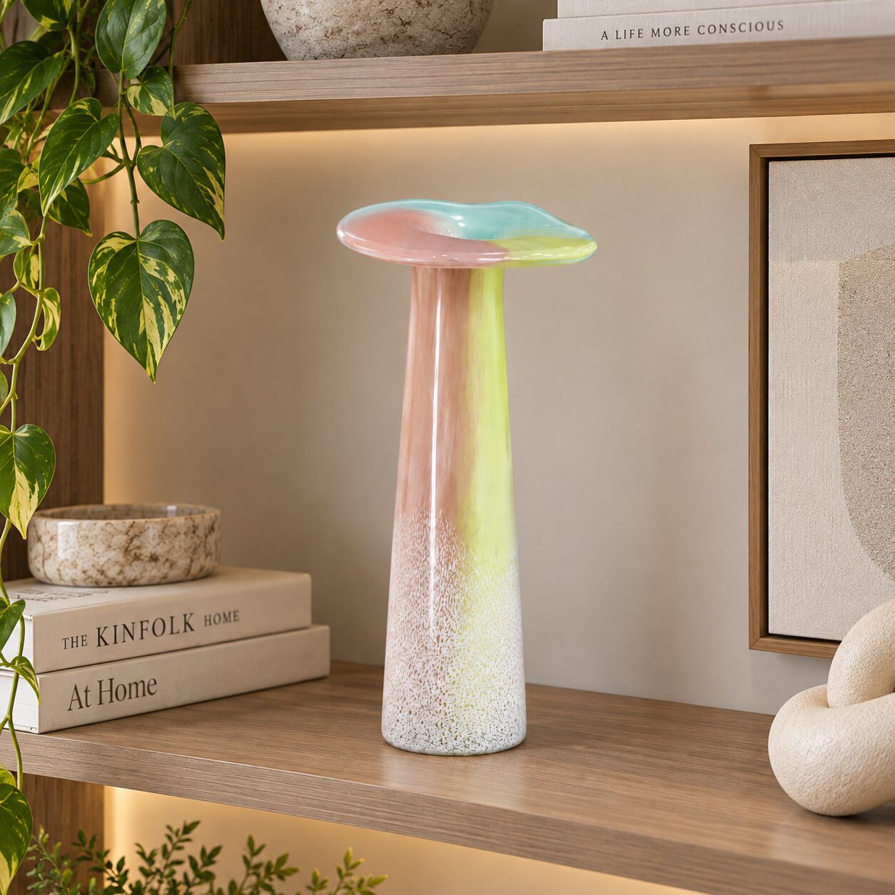PASTEL SPECKLED GLASS VASE 31.3CM MUSHROOM RIM