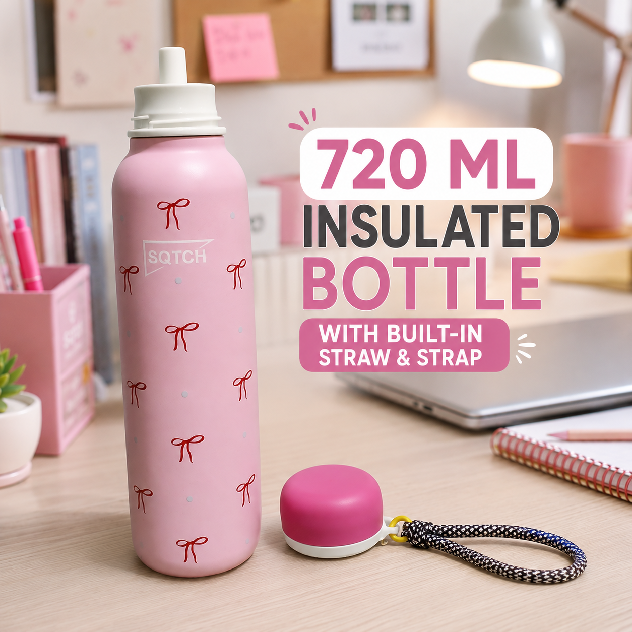720ml Insulated Bottle with Built-In Straw and Strap