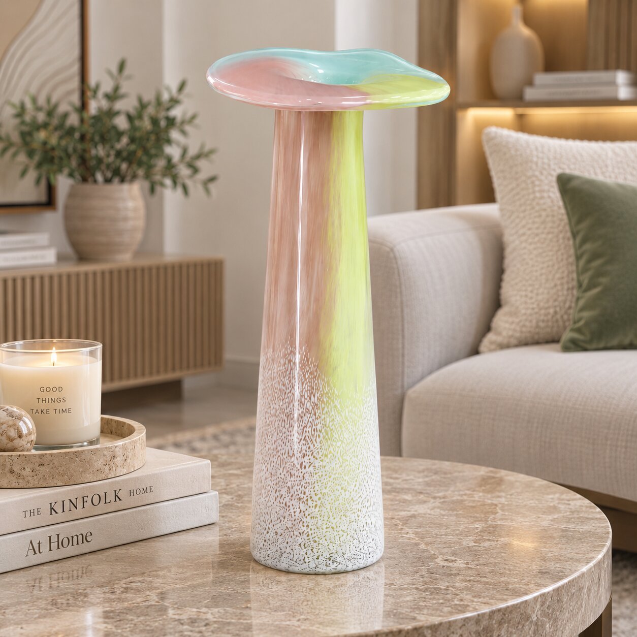 PASTEL SPECKLED GLASS VASE 43.5CM MUSHROOM RIM