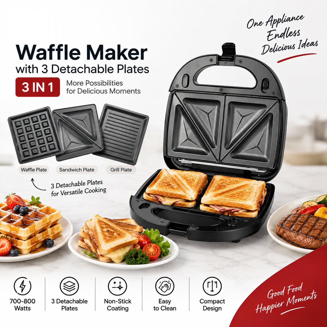 DORSCH 3-IN-1 WAFFLE MAKER 3 DETACHABLE PLATES SM-30