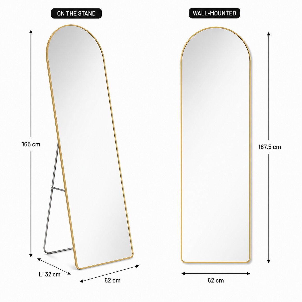 Full-length arched mirror with black metal frame and silver foldable stand