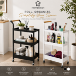 3-Tier Metal Rolling Storage Trolley with Wooden Handle