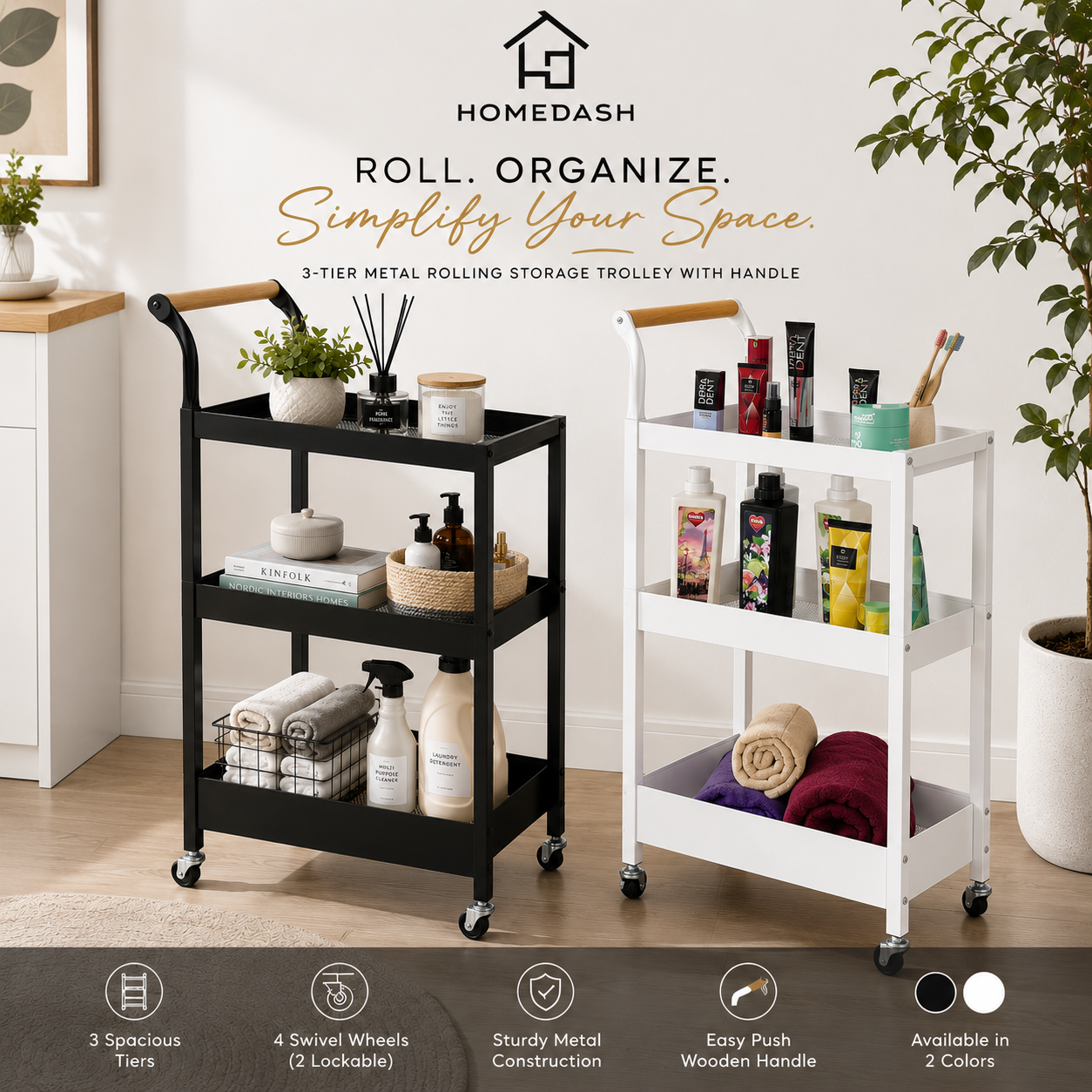 3-Tier Metal Rolling Storage Trolley with Wooden Handle