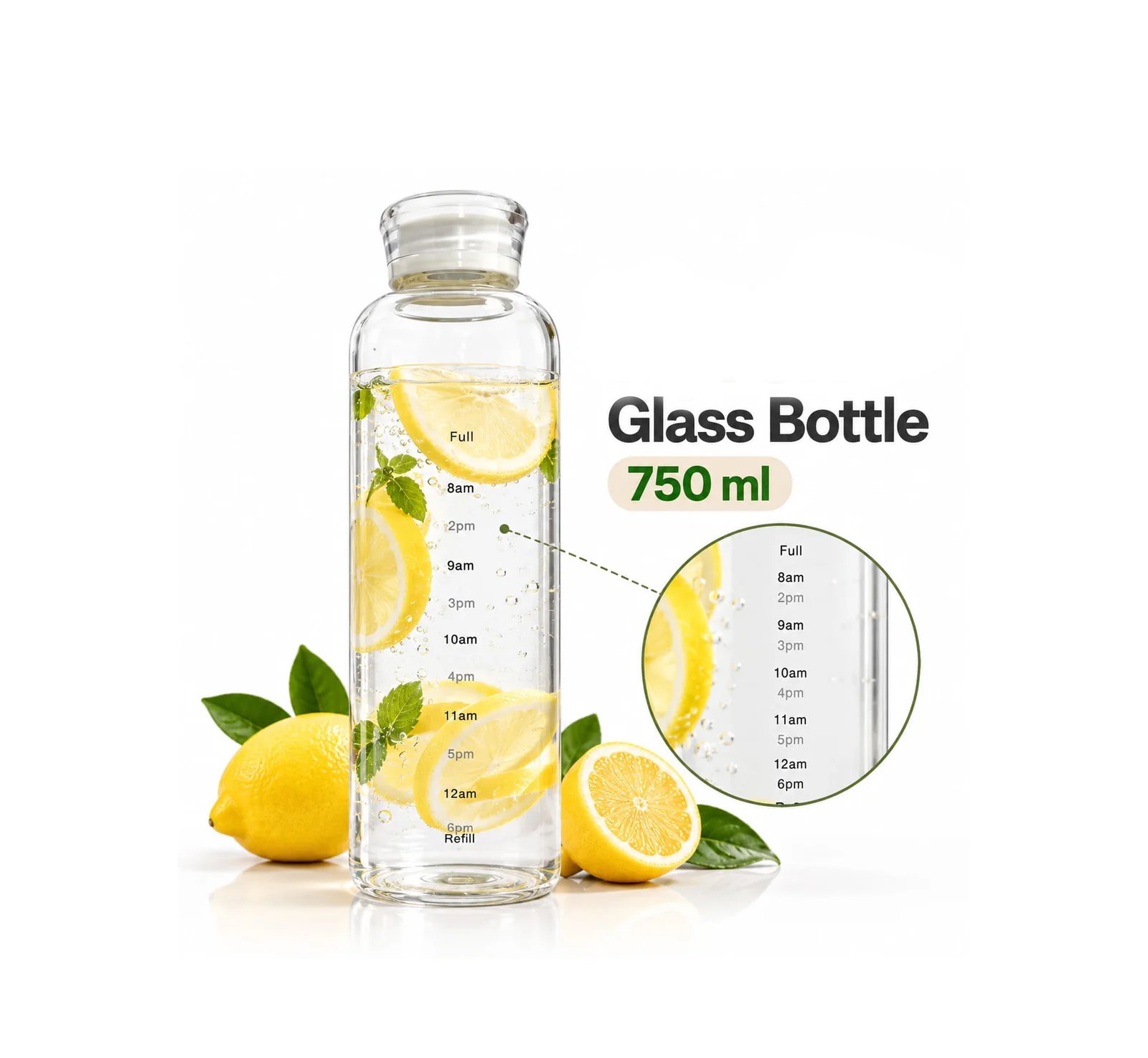 GLASS WATER BOTTLE WITH TIME MARKINGS 750ML