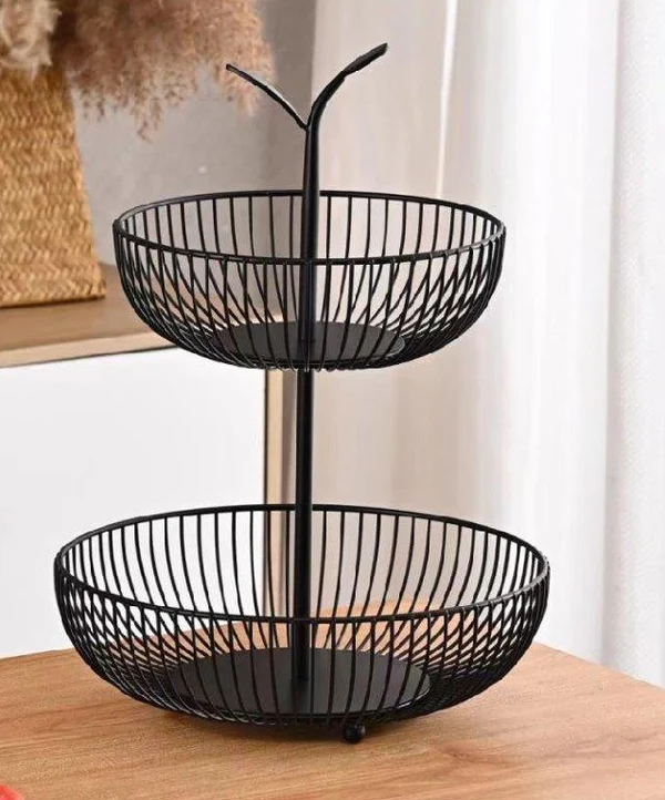 Black Metal 2-Tier Fruit Basket Countertop Organizer