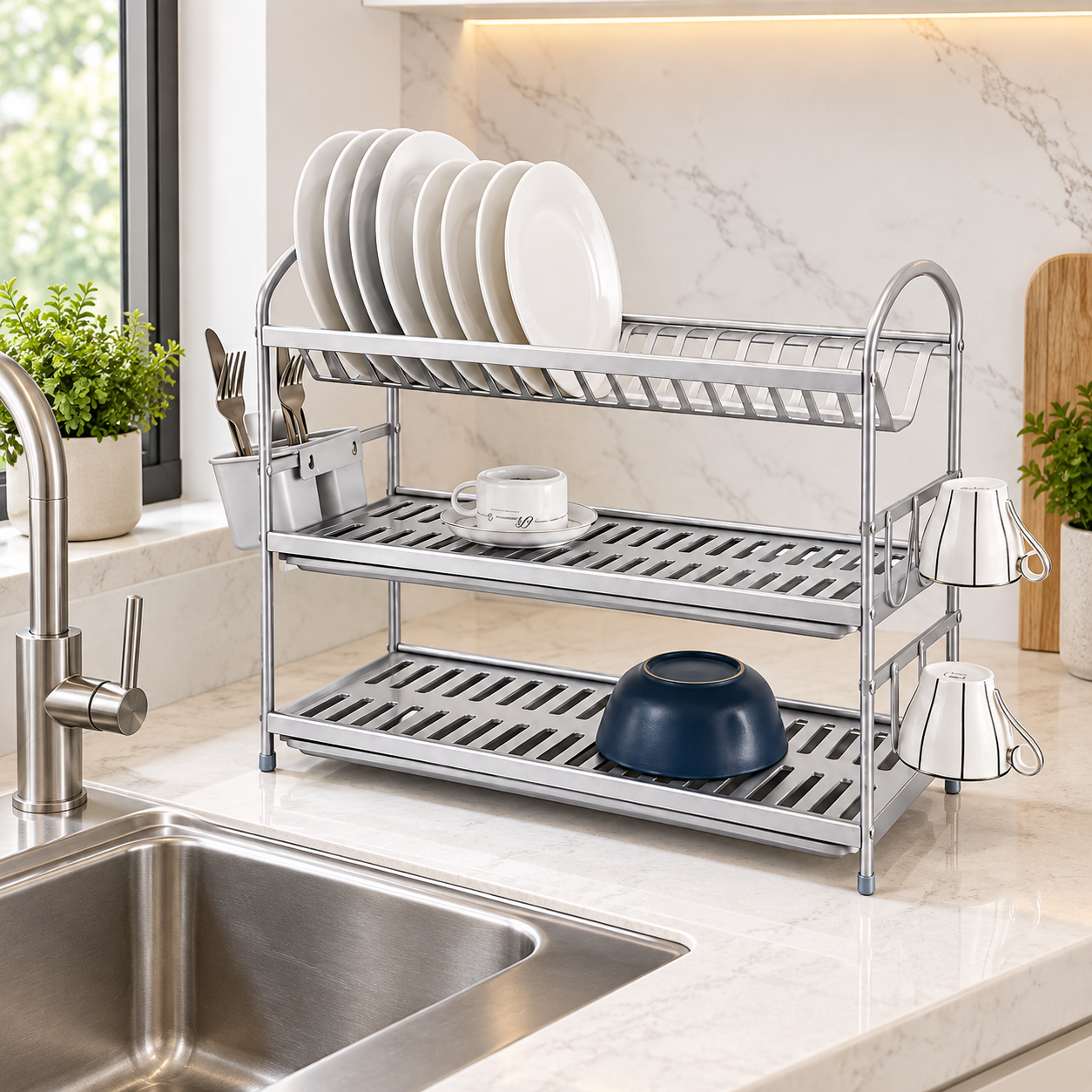DISH DRYING RACK & DRAINBOARD 3-TIER ALUMINUM