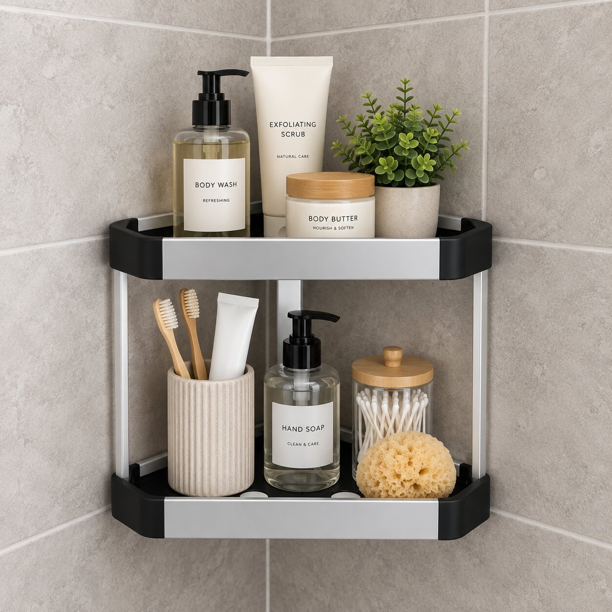 2-TIER WALL-MOUNTED ALUMINUM CORNER BATHROOM SHELF - Image 2