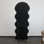 White wavy fabric-wrapped full-length mirror with metal stand, 161 cm high