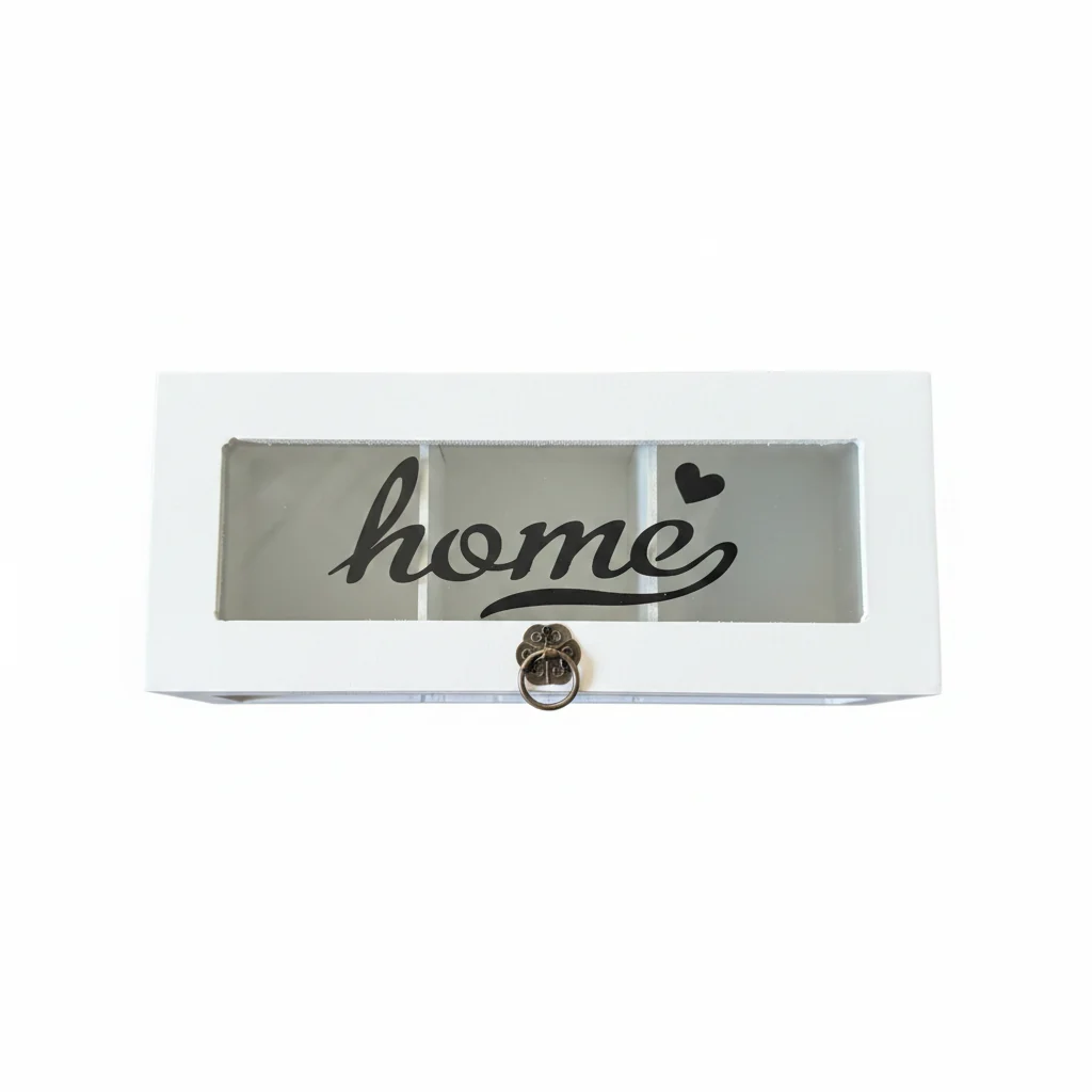 WHITE WOODEN TEA BOX WITH 3 COMPARTMENTS
