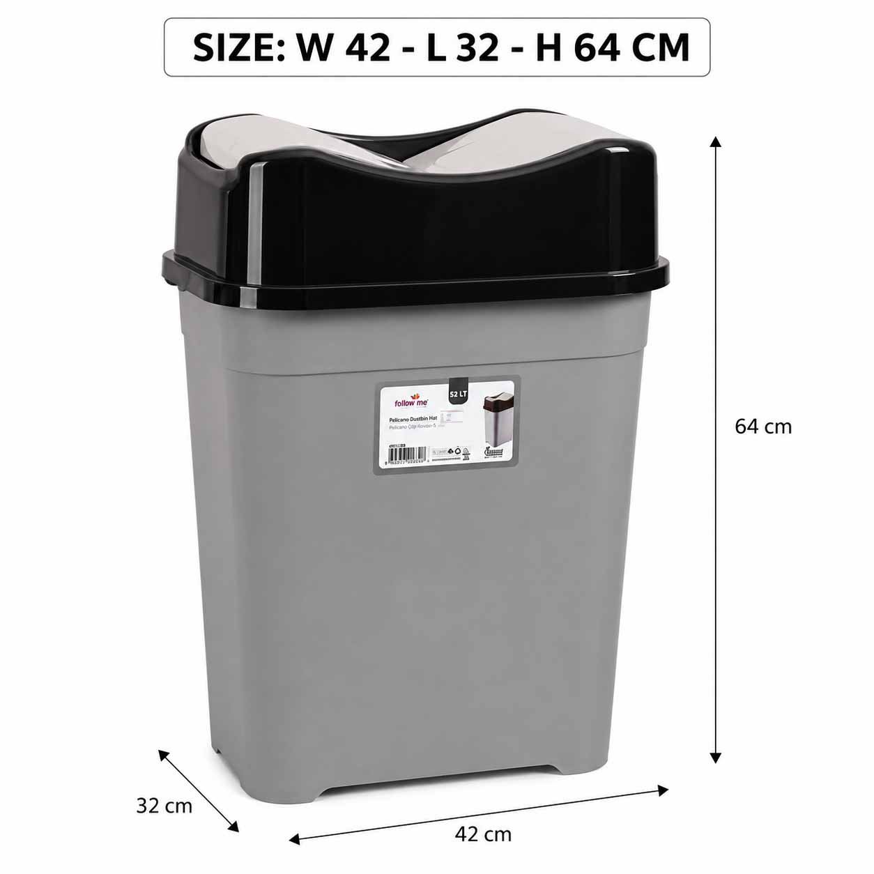 Large 52L Plastic Waste Bin with Swing Top Lid