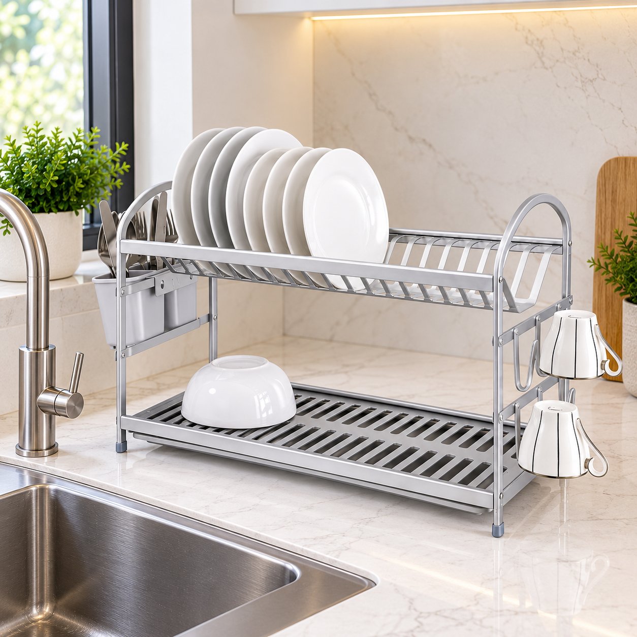 2-TIER SILVER ALUMINUM DISH DRYING RACK & HOLDERS - Image 2