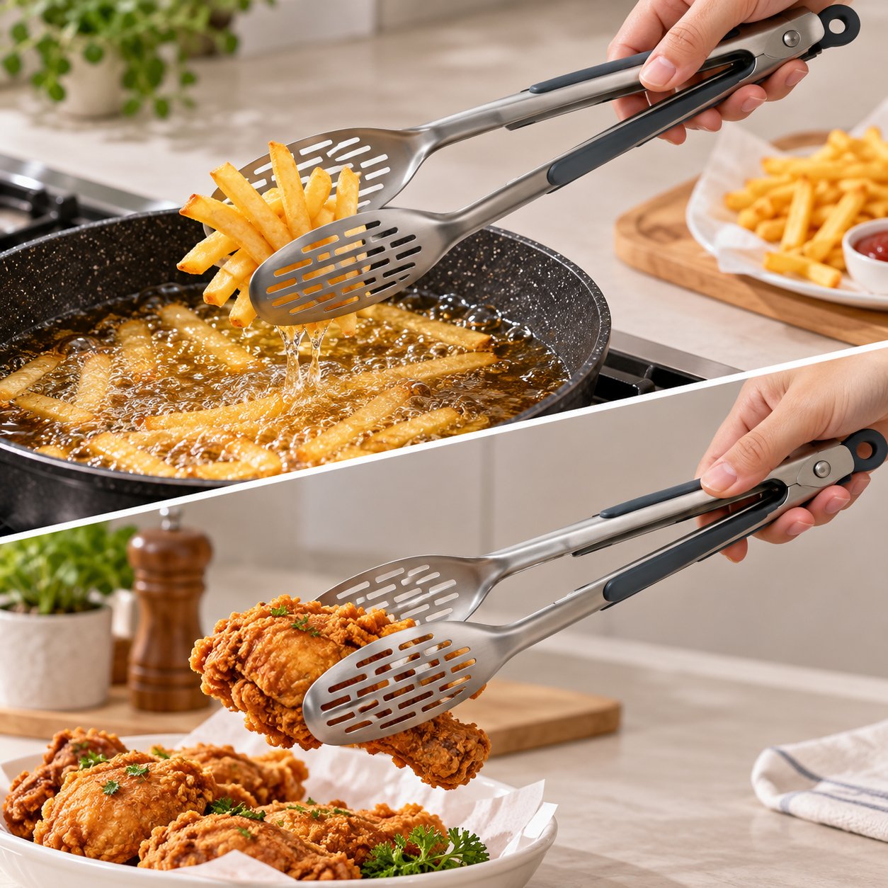 FRY TONGS WITH LOCKING MECHANISM STAINLESS STEEL
