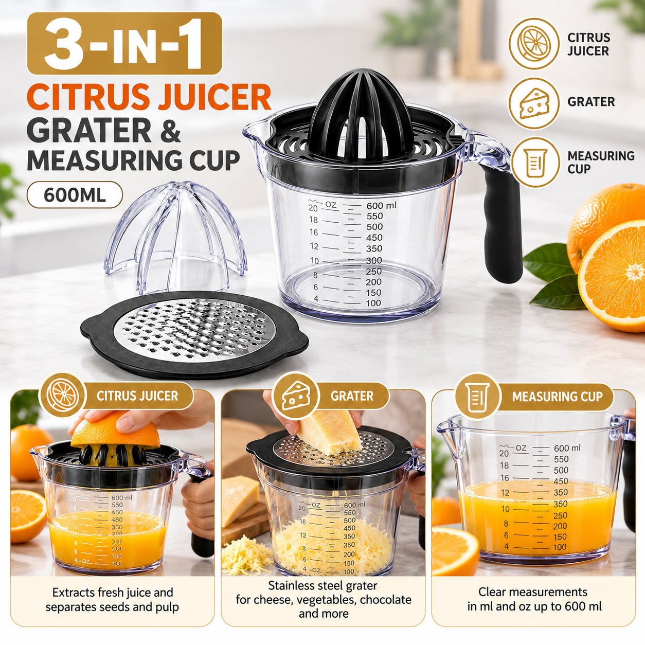 3-IN-1 CITRUS JUICER GRATER & MEASURING CUP 600ML