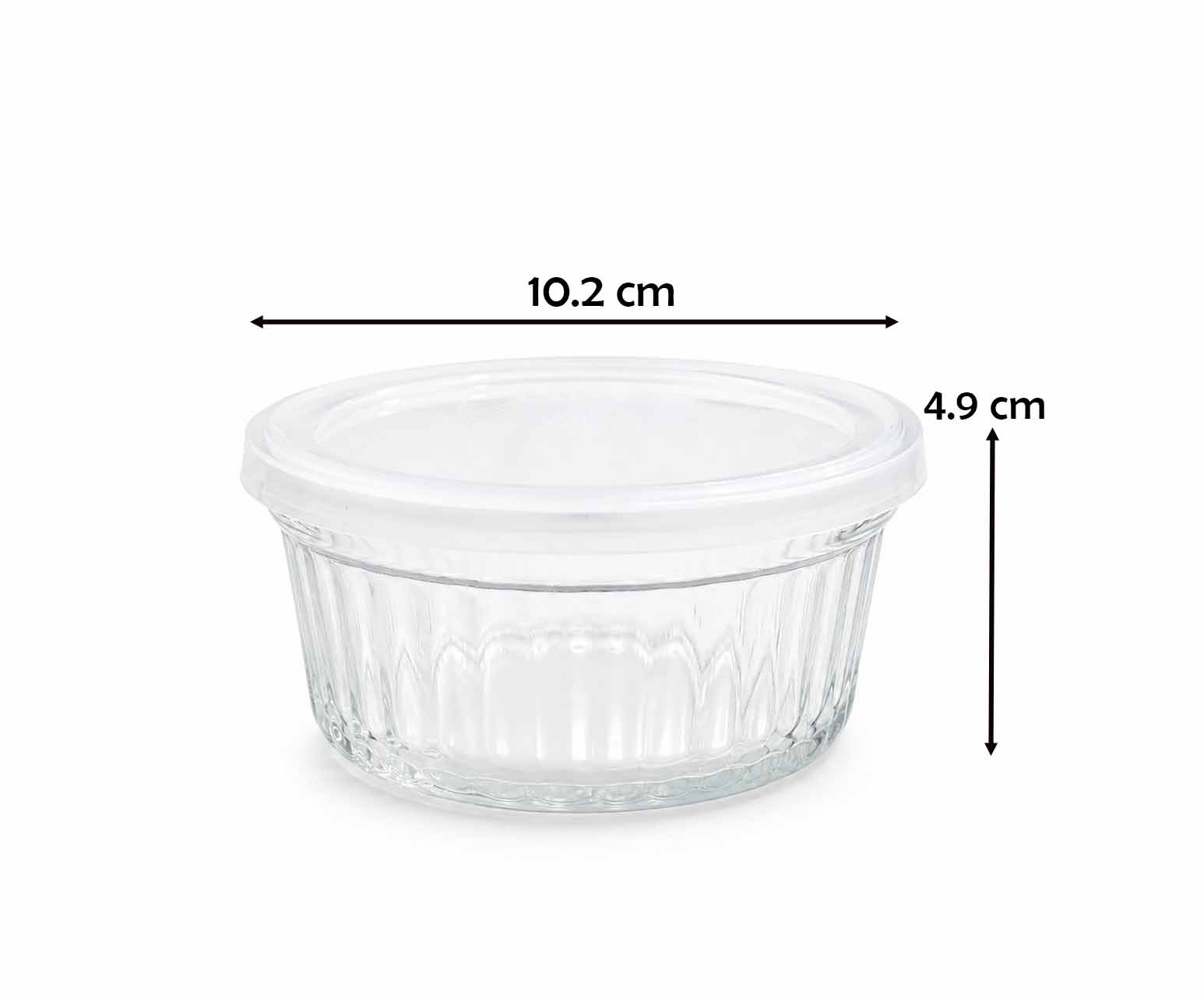 Clear fluted glass ramekin 10.2 cm with translucent plastic lid for desserts