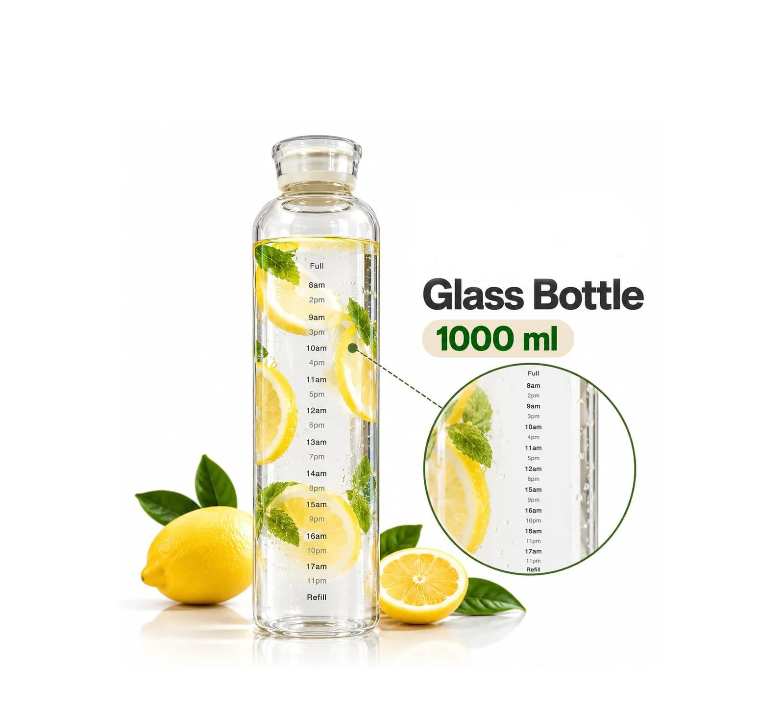 PYREX GLASS WATER BOTTLE WITH TIME MARKINGS 1000ML