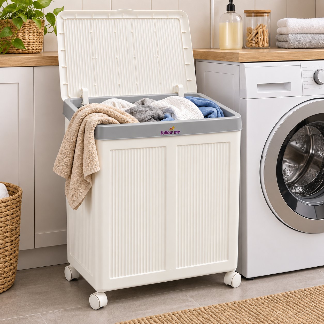 FOLDABLE 100L LAUNDRY BASKET WITH ROLLING WHEELS - Image 2