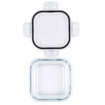 borosilicate glass food storage container set with airtight locking lids in square, round and rectangular shapes.