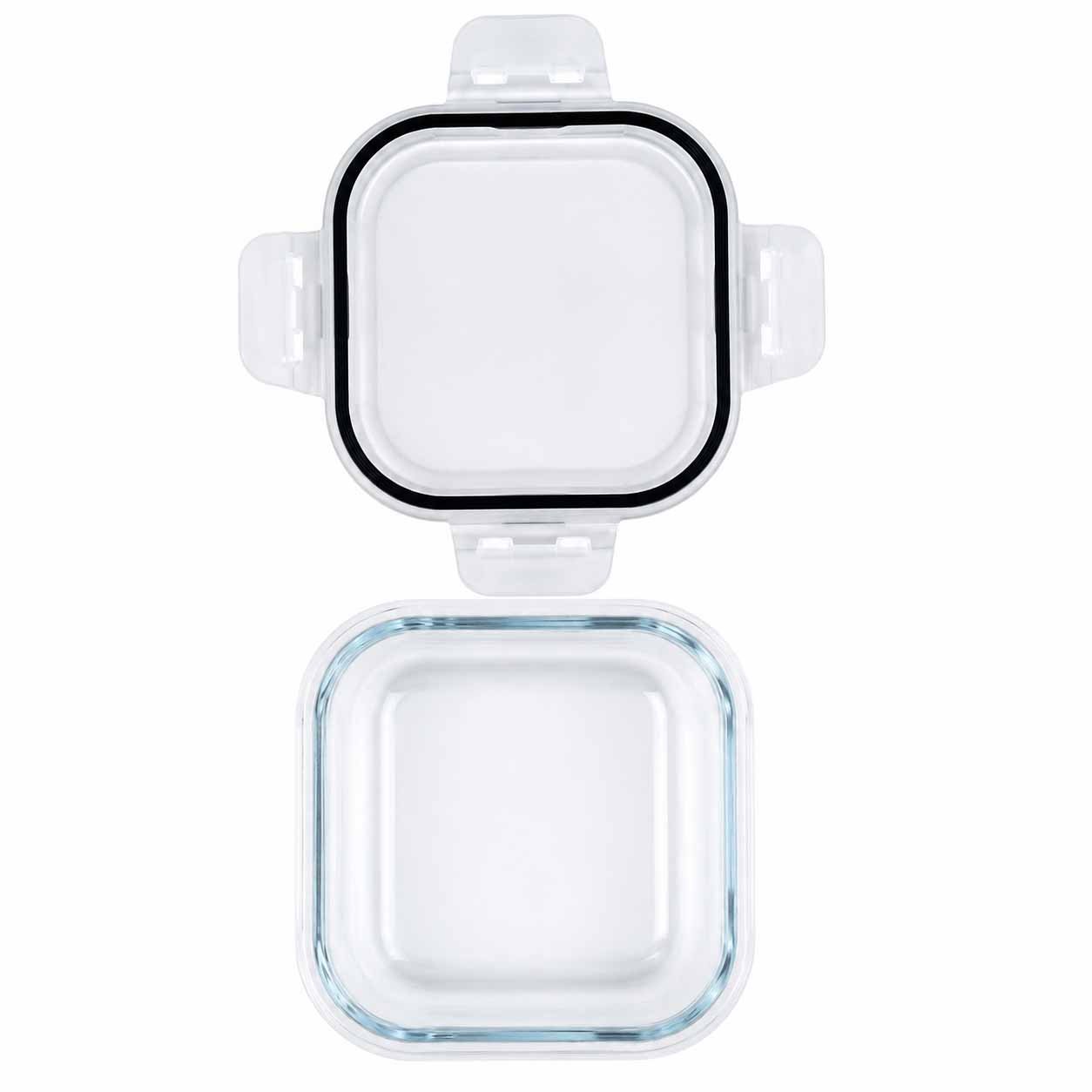 borosilicate glass food storage container set with airtight locking lids in square, round and rectangular shapes.
