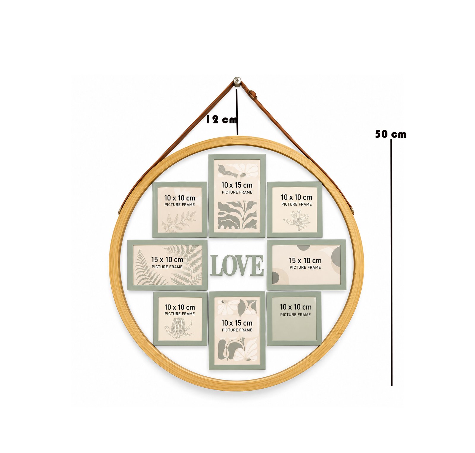 ROUND WOOD MULTI PHOTO FRAME WITH LEATHER STRAP