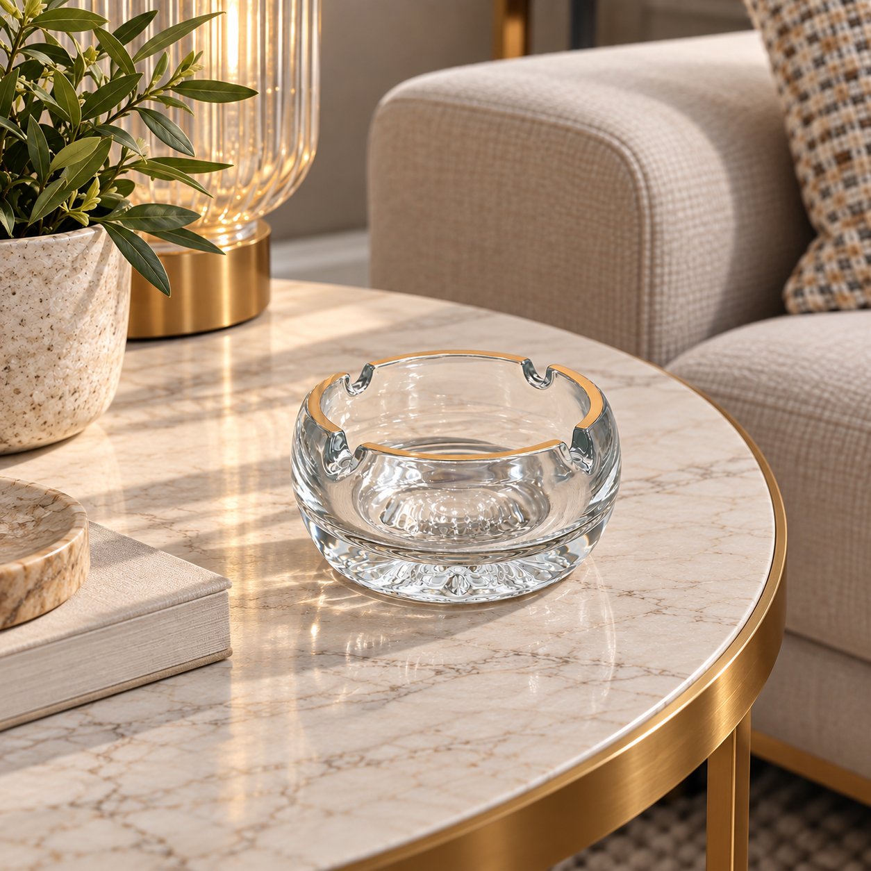 GOLD RIM THICK BASE ROUND GLASS ASHTRAY 10.5 CM