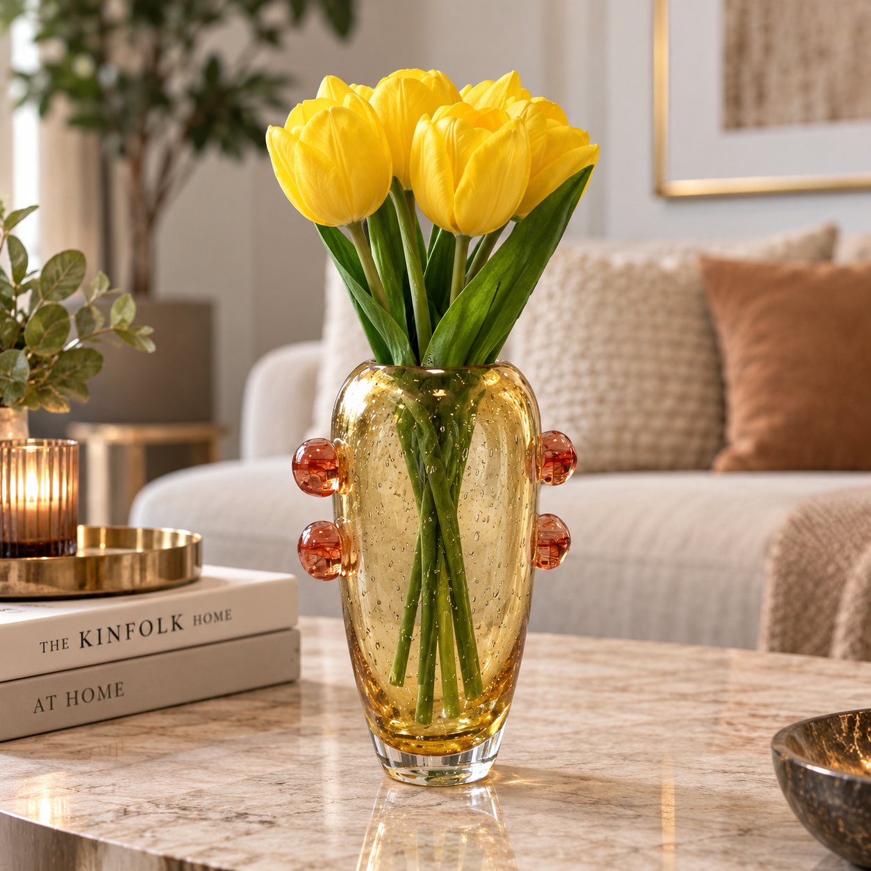 AMBER BLOWN GLASS VASE WITH BUBBLE ACCENTS
