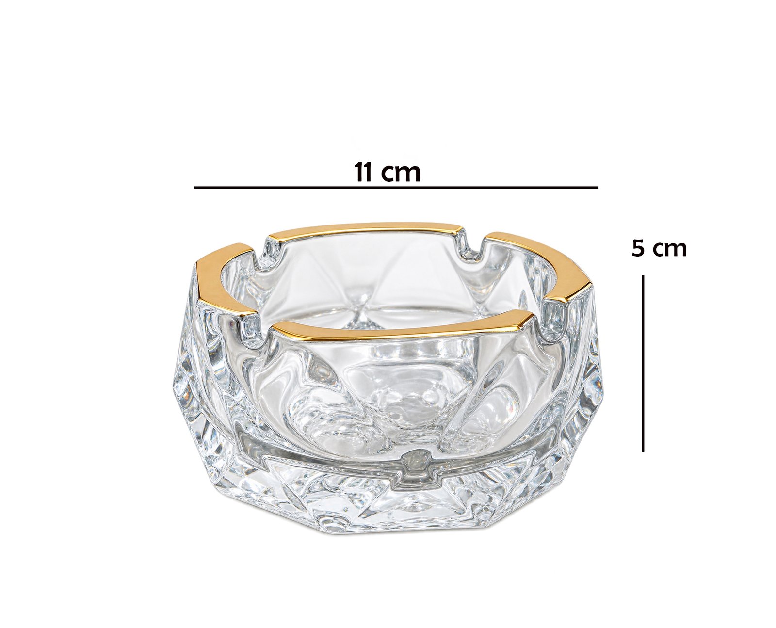 HEXAGONAL GLASS ASHTRAY WITH GOLD RIM 11 CM