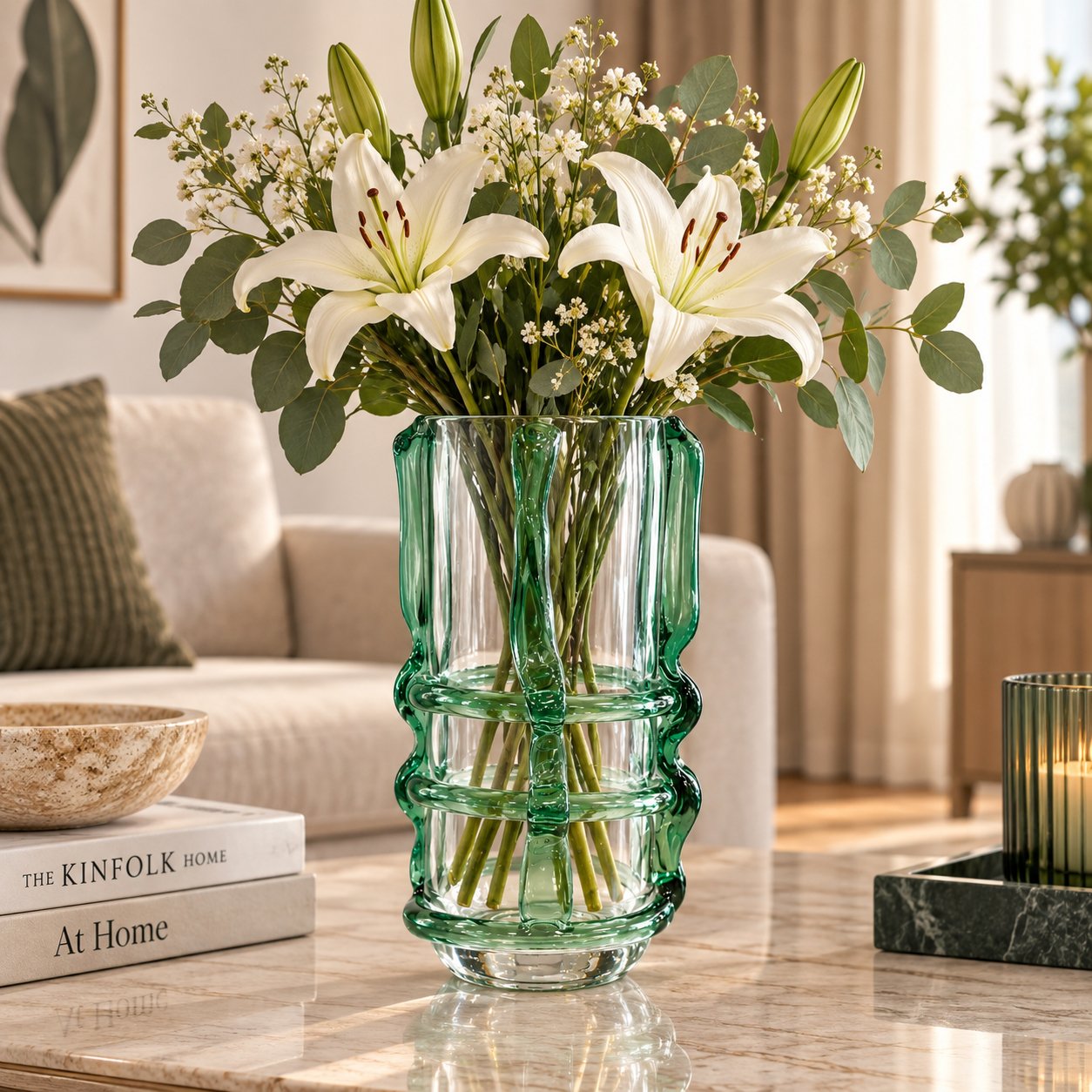 GREEN RING GLASS DECORATIVE VASE WITH CORDING 27.5CM - Image 1