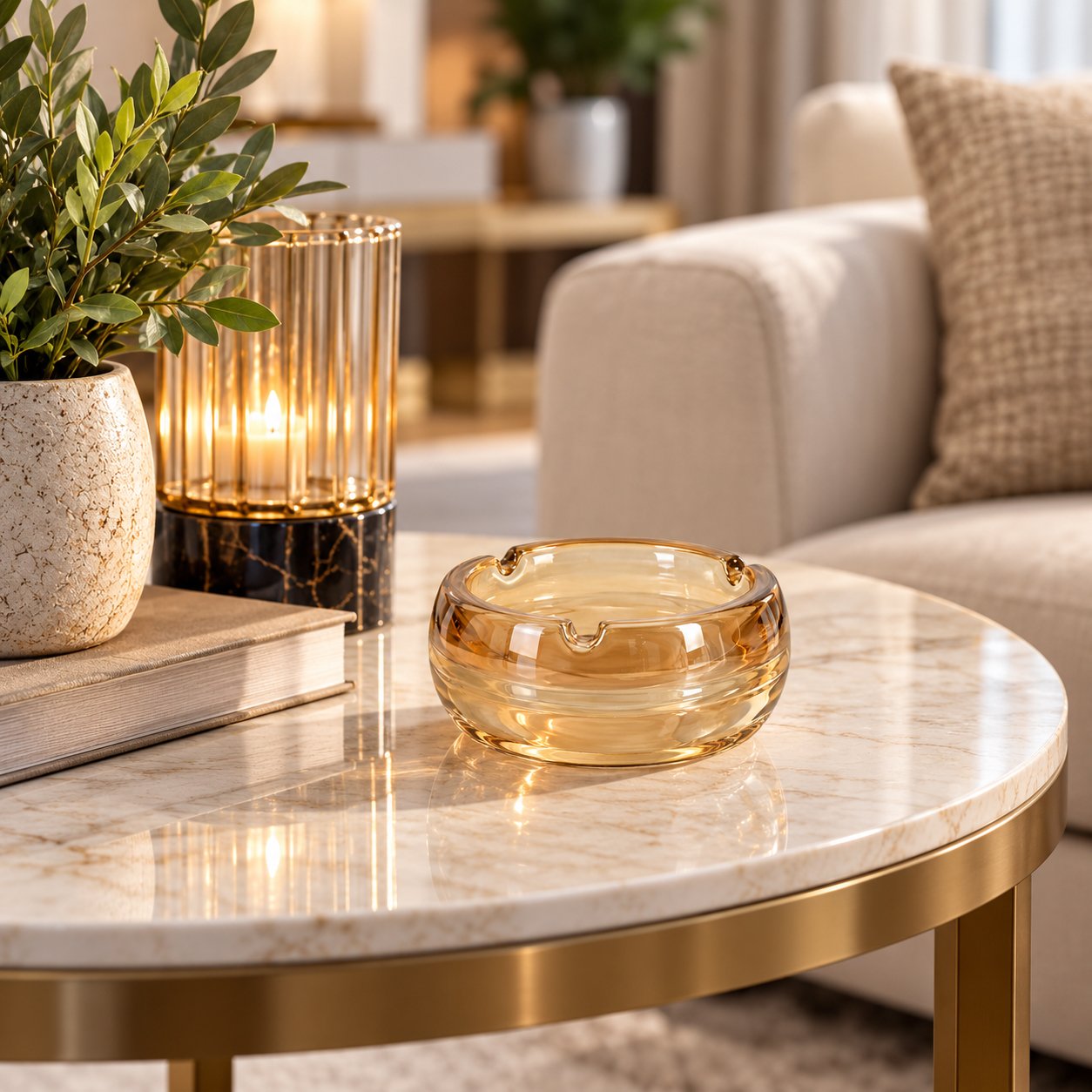 LIGHT BROWN GLASS ASHTRAY WITH 3 RESTS 12.2 CM
