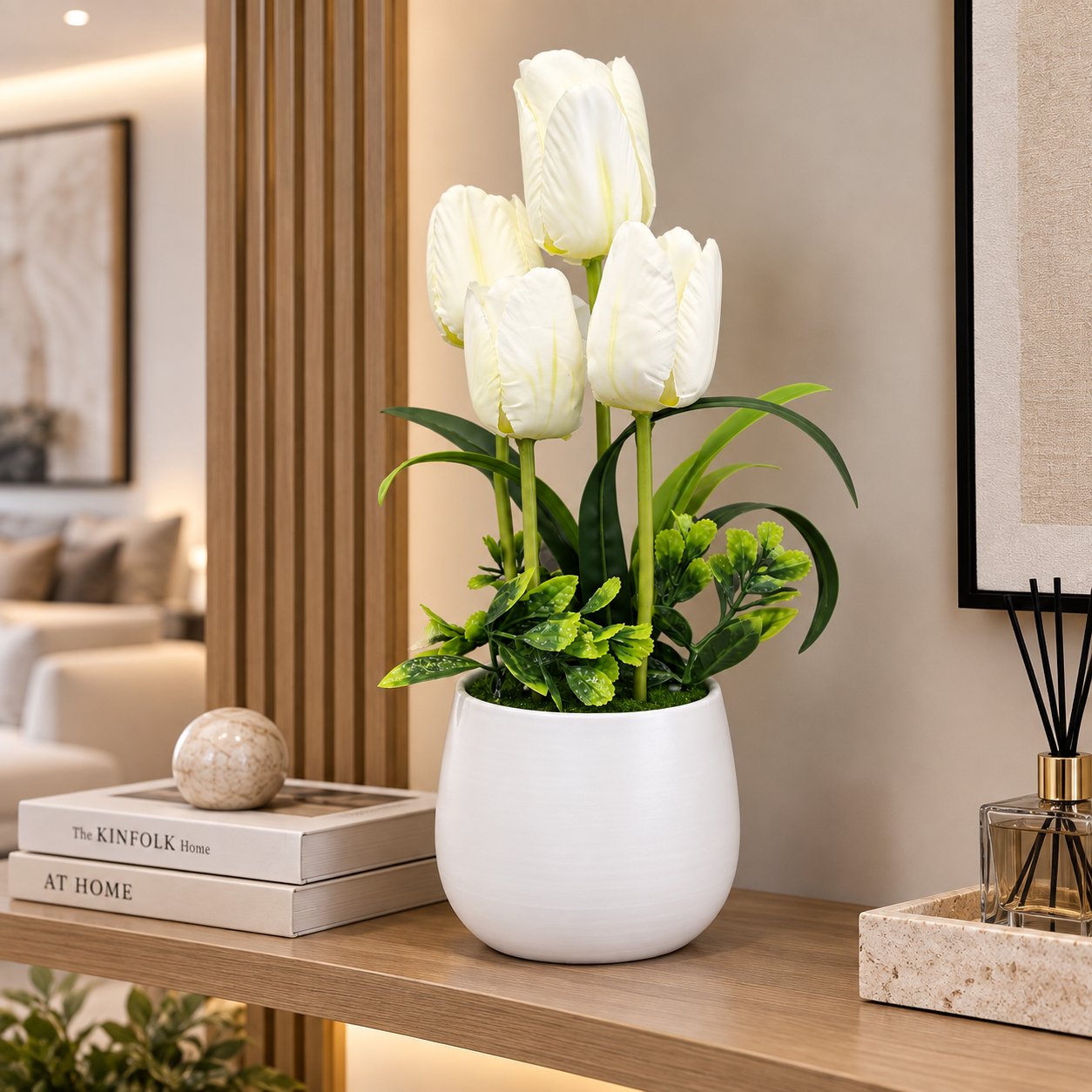 WHITE TULIP ARTIFICIAL PLANT ROUND POT