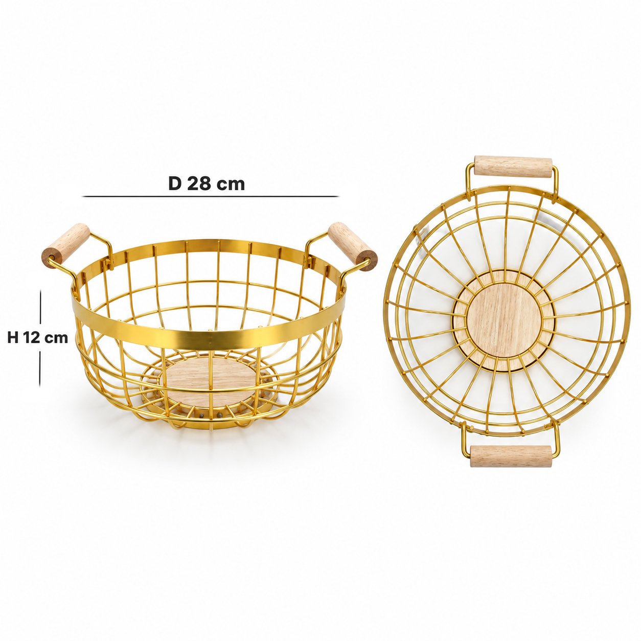 GOLD METAL WIRE FRUIT BASKET WITH WOOD HANDLES