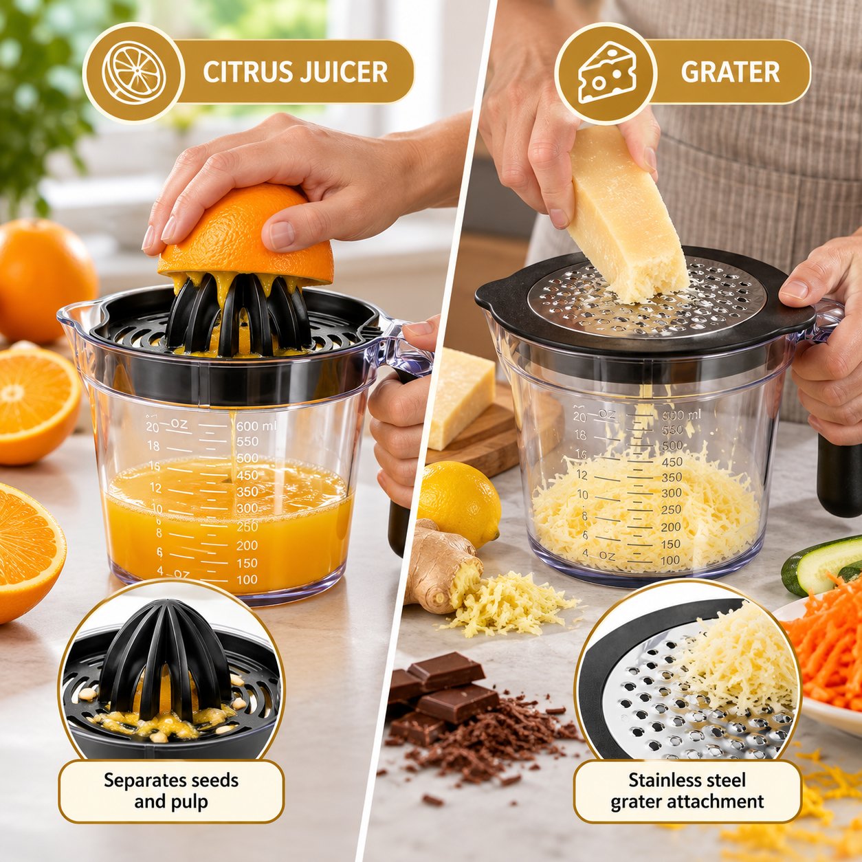 3-IN-1 CITRUS JUICER GRATER & MEASURING CUP 600ML - Image 3