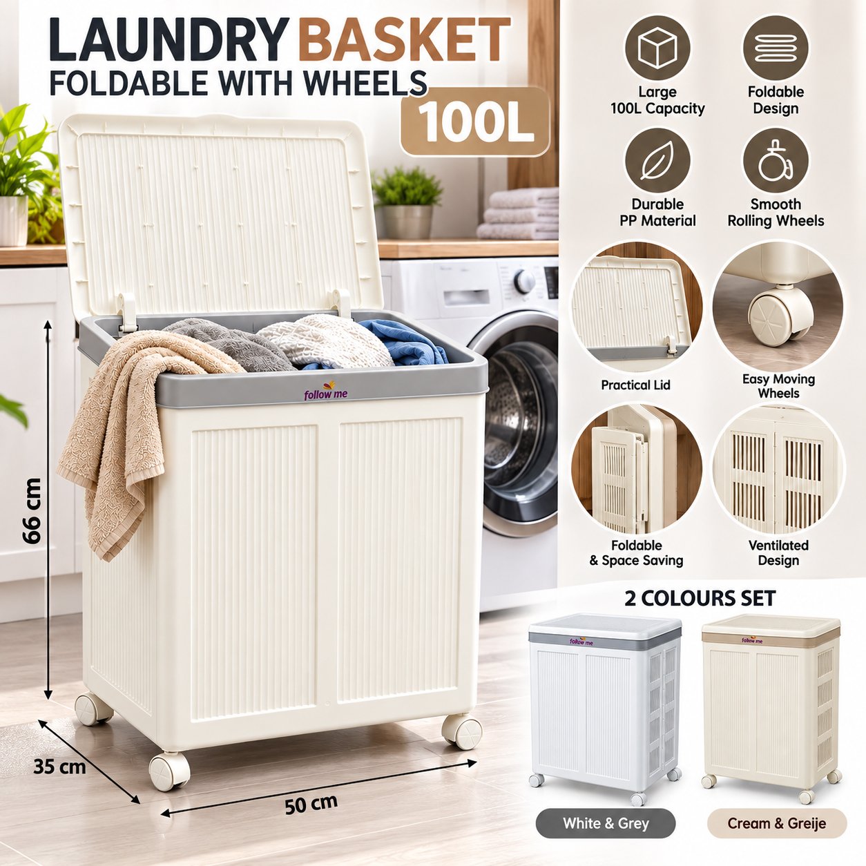 FOLDABLE 100L LAUNDRY BASKET WITH ROLLING WHEELS - Image 5