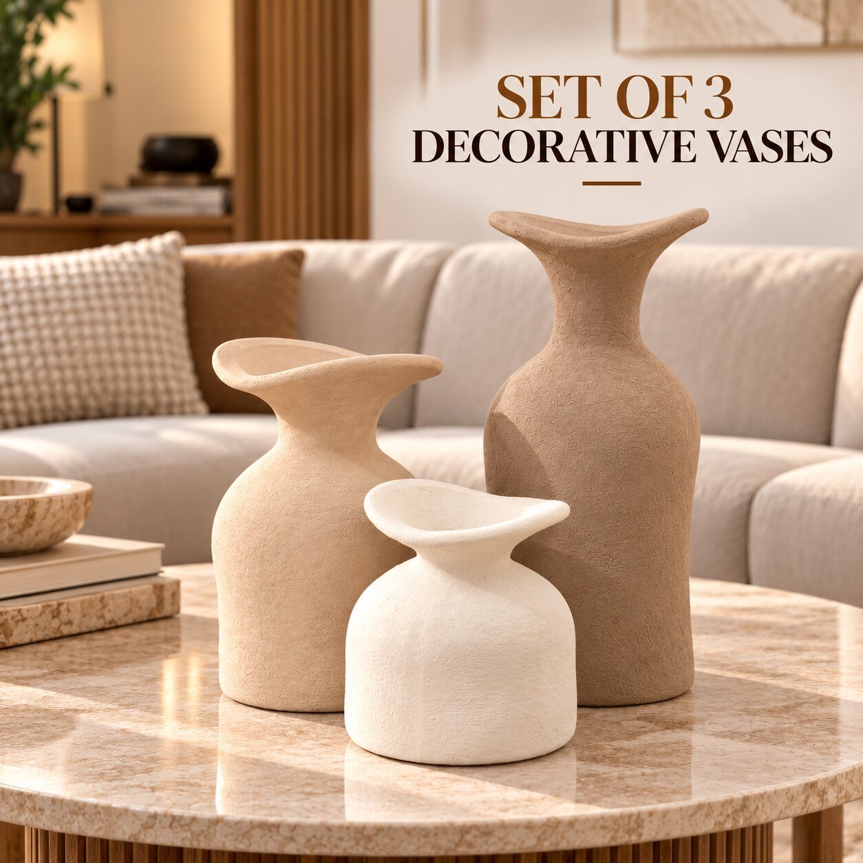 SET OF 3 DECORATIVE POTTERY VASES WITH MATTE FINISH