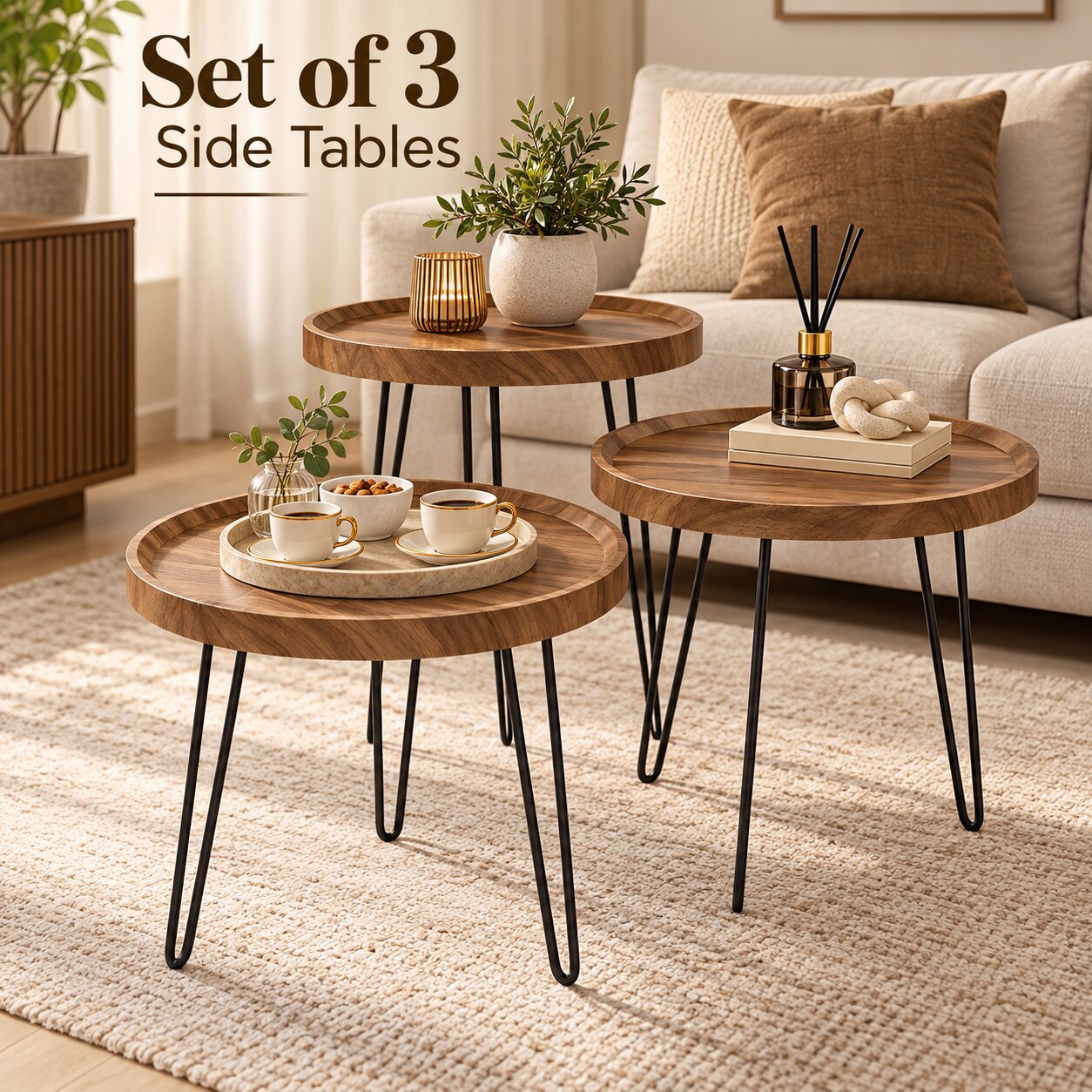 SIDE TABLE SET ROUND WOODEN WITH METAL LEGS 3 PCS