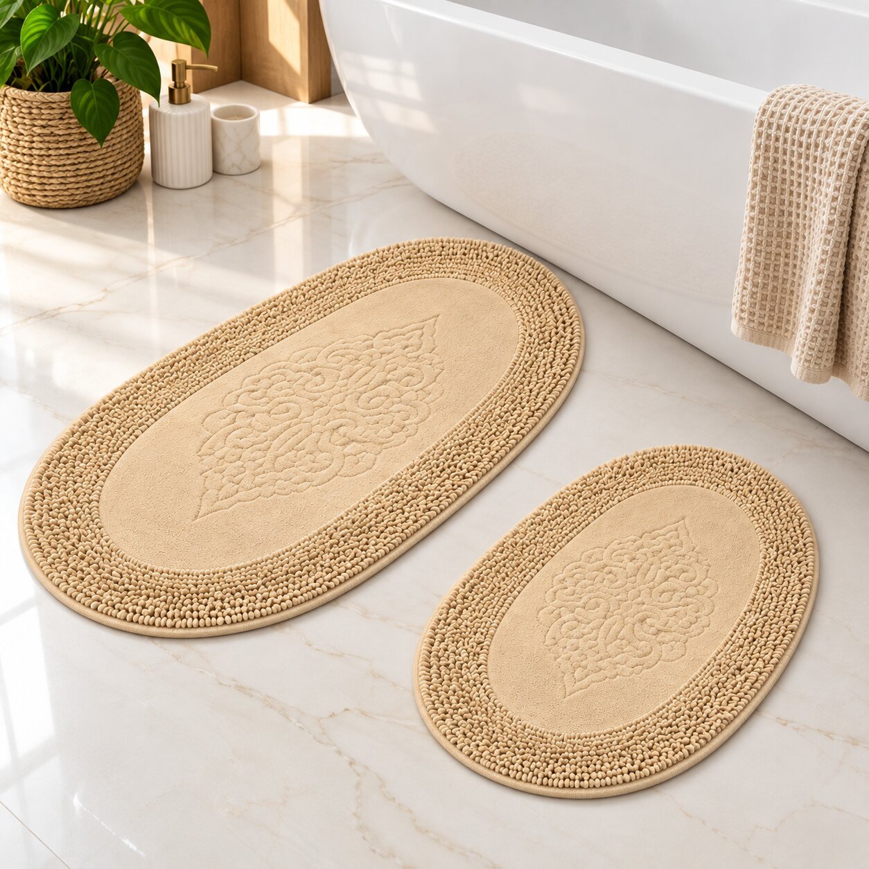 OVAL COTTON BATHMAT NON-SLIP - YELLOW/BEIGE BLEND