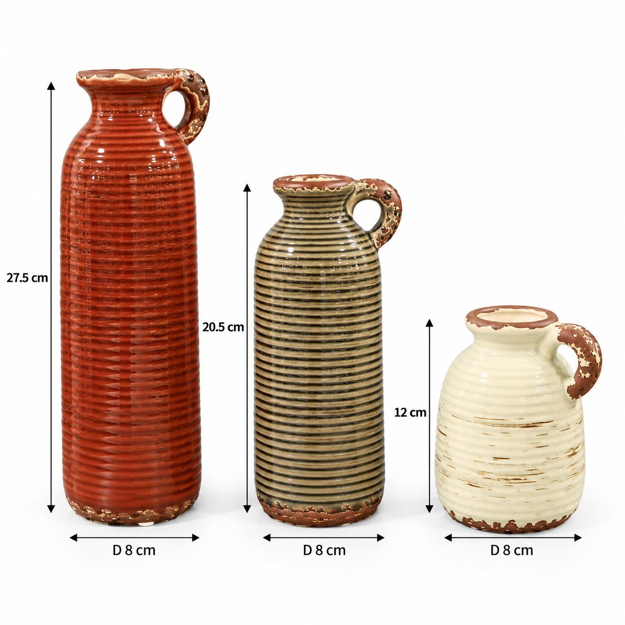 SET OF 3 DECORATIVE CERAMIC VASES WITH HANDLES