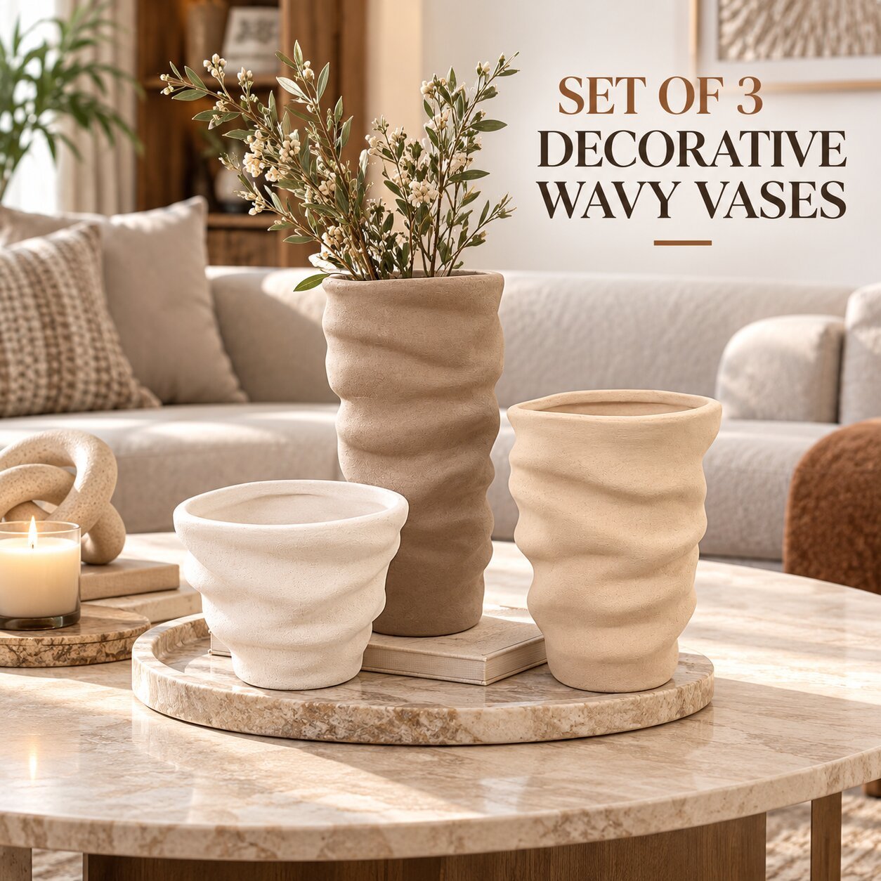 SET OF 3 DECORATIVE WAVY VASES WITH MATTE FINISH