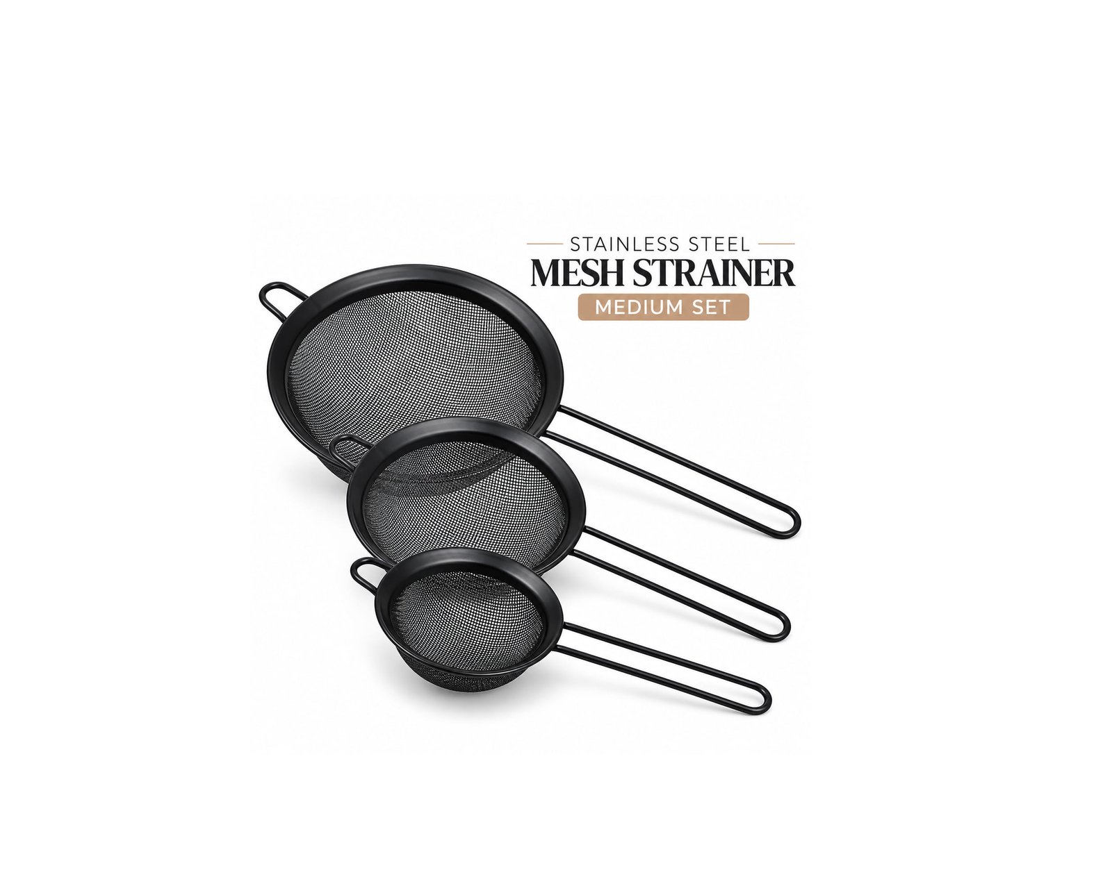 MEDIUM SET 3-PIECE BLACK STAINLESS STEEL MESH STRAINER