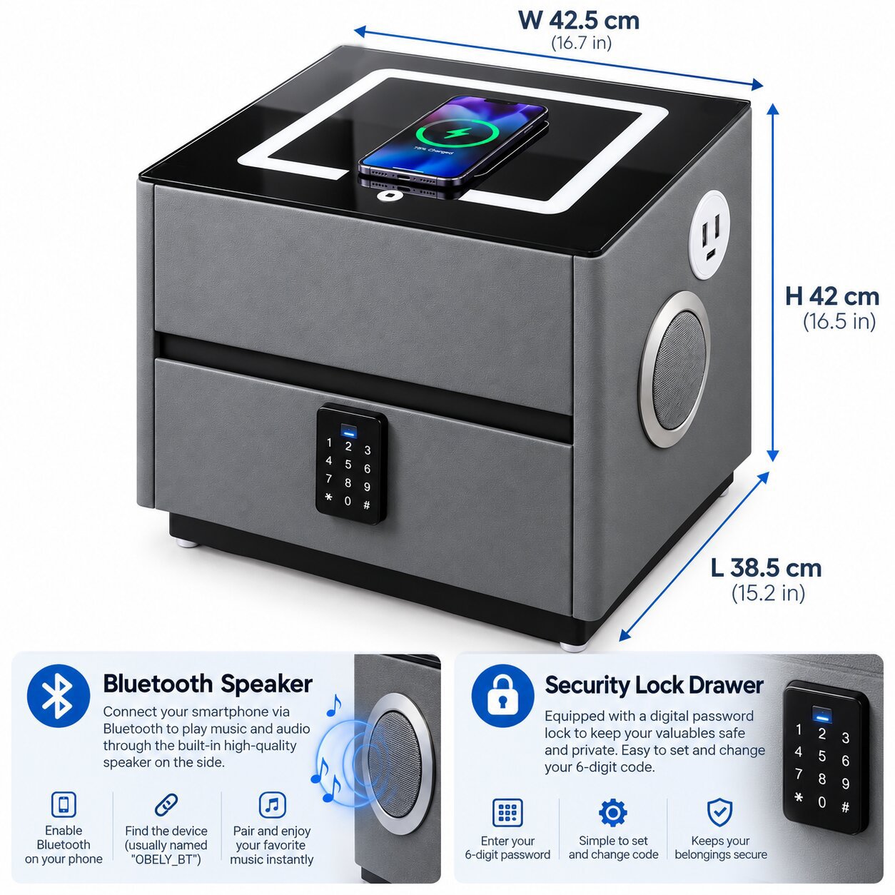 SMART NIGHTSTAND WITH DIGITAL LOCK & CHARGING - GREY