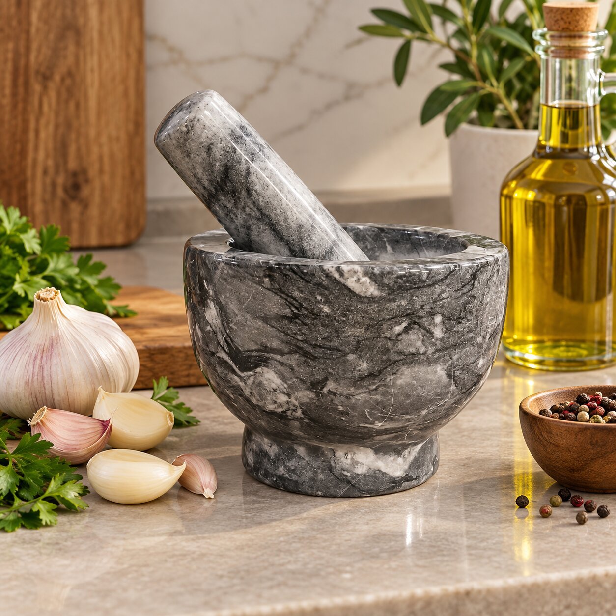 LARGE MARBLE MORTAR & PESTLE SET - KITCHEN TOOLS - Dark Grey
