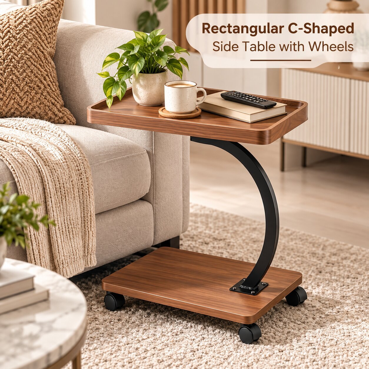 RECTANGULAR C-SHAPED SIDE TABLE WITH 4 WHEELS