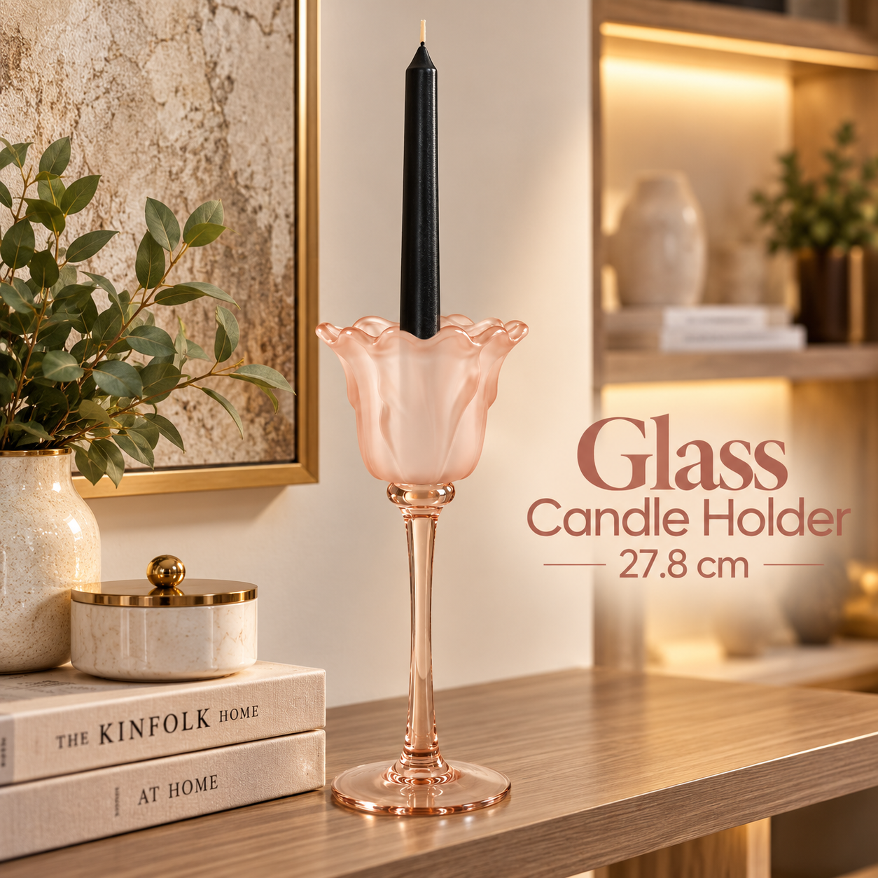 DECORATIVE PINK GLASS FLORAL CANDLE HOLDER 20 CM